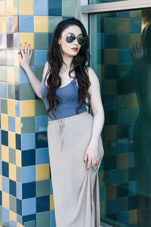 blue body suit sheer skirt